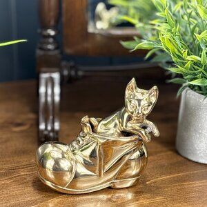 Vintage Brass Cat in Boot Figurine Solid Brass Kitten Sculpture for Cat Lover